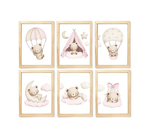 Kit quadro urso soninho decorativo quarto criança enxoval bebê menina