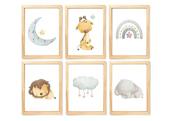 Kit quadro safari nuvem decorativo quarto criança enxoval bebê