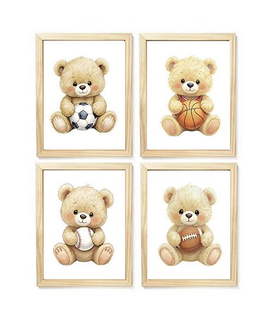 Kit quadro decorativo ursinho esportista quarto criança bebê menino