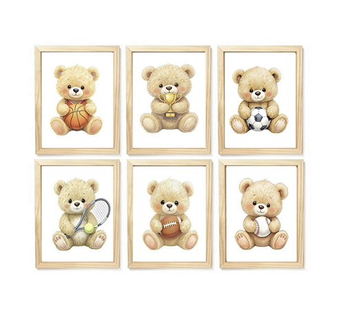 Kit quadro decorativo ursinho esportista quarto criança bebê menino