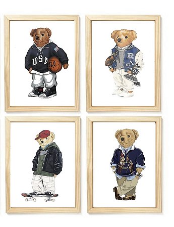 Kit quadro  decorativo esporte urso RL polo rauph lauren quarto criança bebê enxoval
