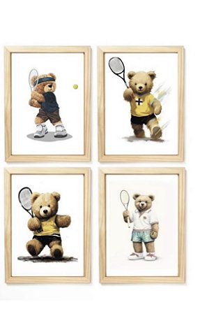 Kit quadro urso tenista decorativo infantil quarto criança bebê enxoval