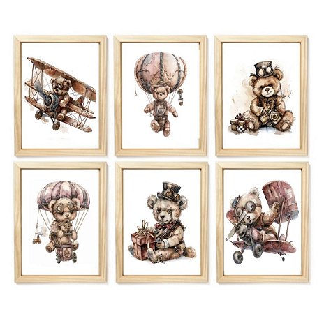Kit quadro ursa aviação decorativo quarto criança enxoval bebê