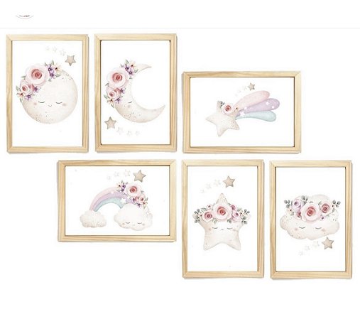 Kit quadro arco iris flores lua decorativo quarto criança enxoval bebê