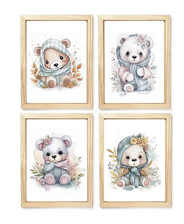 Kit quadro safari ursa flores decorativo infantil quarto criança bebê enxoval menina