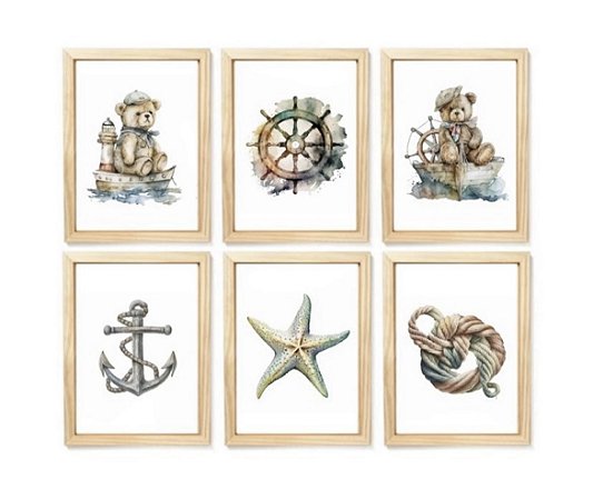 Kit quadro náutica aquarela decorativo quarto criança enxoval bebê