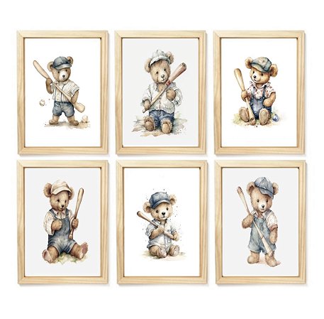 Kit quadro urso baseball decorativo quarto criança enxoval bebê menino