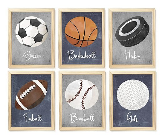 Kit quadro esporte bolas decorativo quarto criança enxoval bebê menino