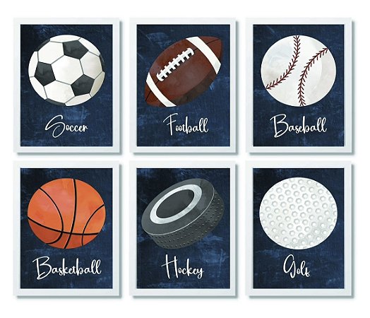 Kit quadro esporte bolas decorativo quarto criança enxoval bebê menino