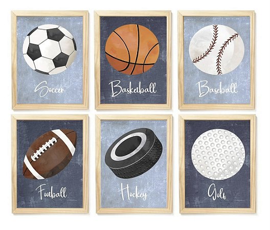 Kit quadro esporte bolas decorativo quarto criança enxoval bebê menino