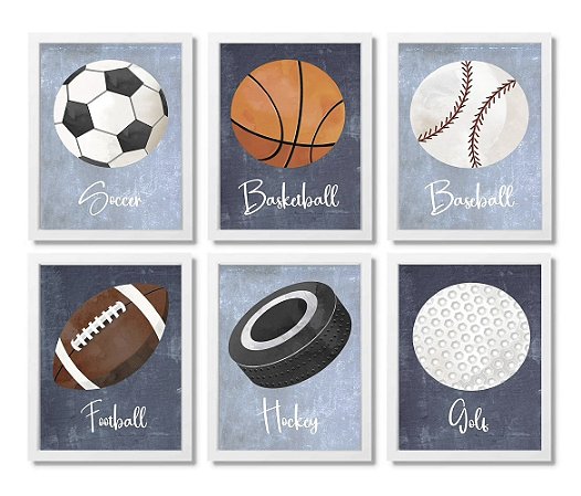 Kit quadro esporte bolas decorativo quarto criança enxoval bebê menino