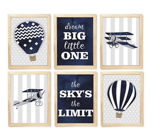 Kit quadro balão aviação decorativo quarto criança enxoval bebê menino