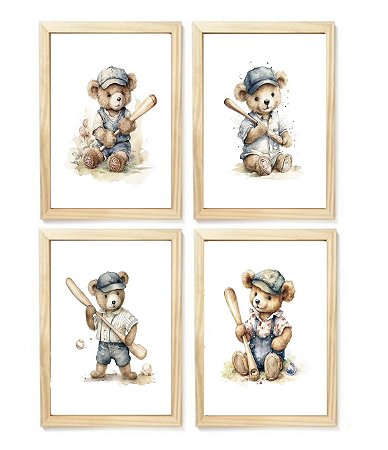 Kit quadro urso baseball decorativo  quarto criança bebê enxoval menino