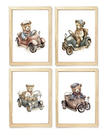 Kit quadro urso motorista decorativo  quarto criança bebê enxoval menino