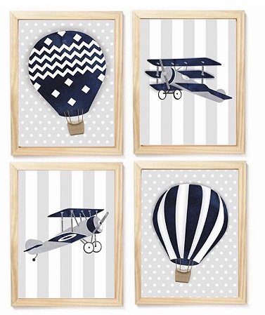 Kit quadro aviação balão decorativo  quarto criança bebê enxoval