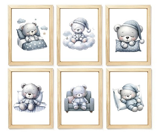 Kit quadro infantil urso nu lua quarto menino criança bebê enxoval