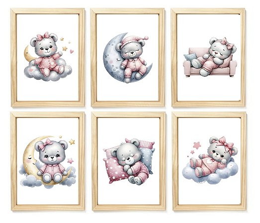 Kit quadro infantil ursa nuvem lua quarto menina criança bebê enxoval