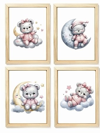 Kit quadro infantil ursa nuvem lua quarto menina criança bebê enxoval