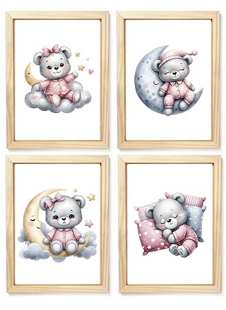 Kit quadro infantil ursa nuvem lua quarto menina criança bebê enxoval