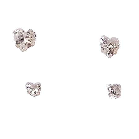 Kit 2 Pares de Brinco Feminino Prata 925 Ponto de Luz Coração 4 e 6 mm