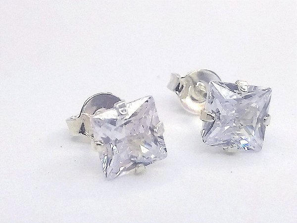 Brinco Masculino Feminino de Prata 925 Zirconia Cúbica Quadrado 6 mm