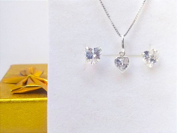 Conjunto Feminino de Colar e Brinco Prata Pura 925 Zircônia Coração