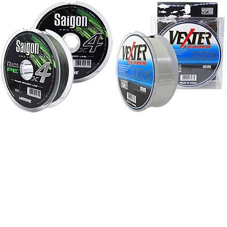 Linha Marine Sports Saigon X4 Green 100m 0,15mm 15lb Multi + Linha Fluorcarbono Marine Sports Vexter Leader 0.31mm