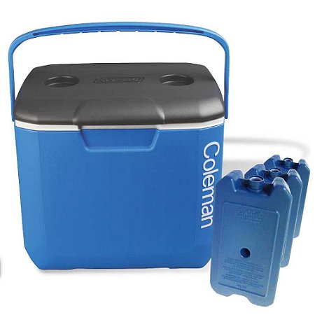 Caixa térmica Coleman 30 QT - 28L Azul tampa Cinza+ 3 Gelos Artificial Cliogel 500ml