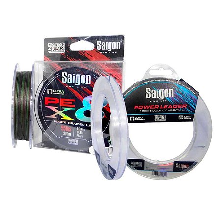 Linha Saigon X8 300m 0,33mm Camou + Linha Fluorc Saigon 0,44