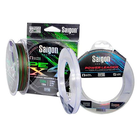 Linha Saigon X4 150m 0,33mm Camou + Linha Fluorc Saigon 0,44