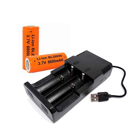 Carregador USB para até 2 baterias + 2 Baterias 26650 Recarregáveis