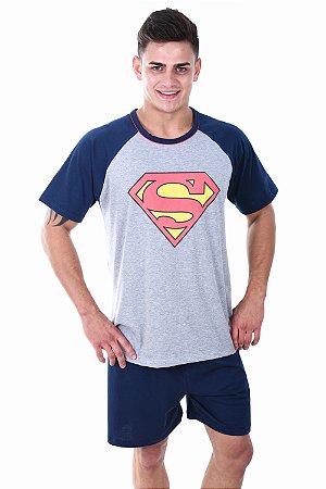 Pijama Curto Ayron Super Homem Raglan Masculino Adulto Algodão Pai
