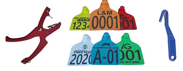 Kit Alicate flexivel 50 brinco grande gado bovino personalizado + macho de ponta metálica