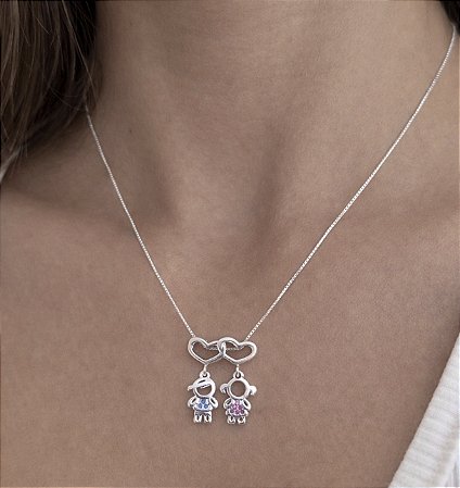 Colar com pingente casal com pedras zircônias prata 925