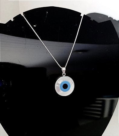 Colar com pingente olho grego G em madre pérola prata