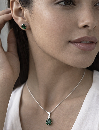 Colar e Brinco Gota Esmeralda Prata 924