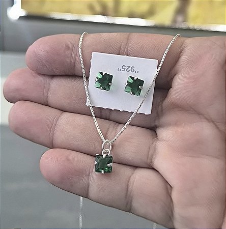Conjunto Quadrado Verde Prata 925