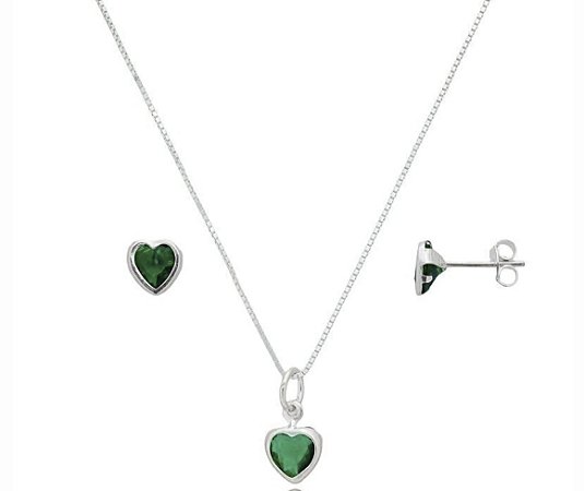 Conjunto Coração Embutido 6mm - Verde Esmeralda - Prata 925
