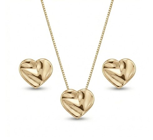 Conjunto Semijoia Coração Liso Dourado