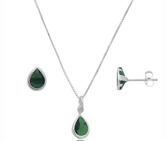 Conjunto Gota Esmeralda Prata 925 6x8 mm