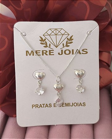 Conjunto coração e pedra redonda prata