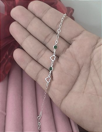 Pulseira 2 Corações com Pedra Verde Prata 925