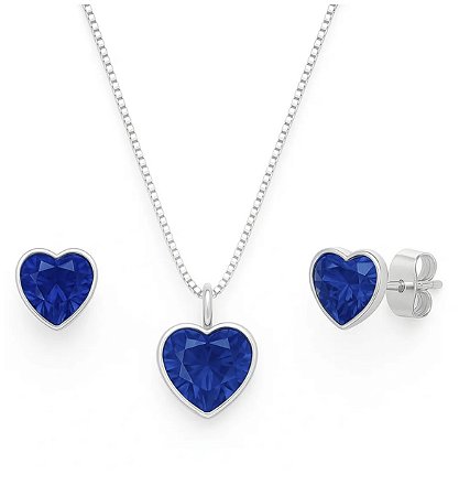 Conjunto Prata 925 Coração Zircônia Azul