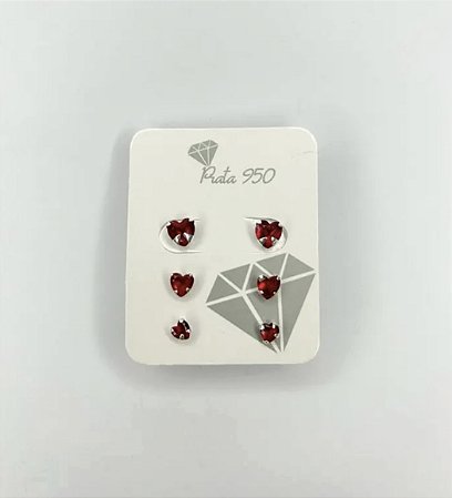 Trio de Brincos Coração Vermelho Prata 950