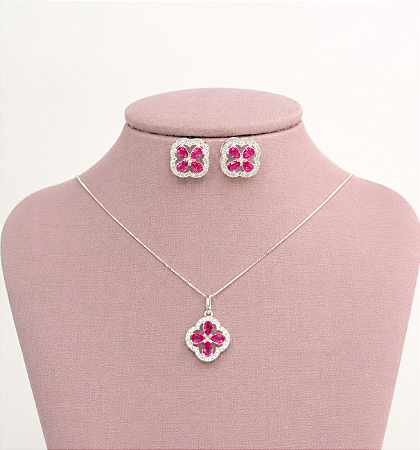Conjunto Trevo Rosa Prata 925