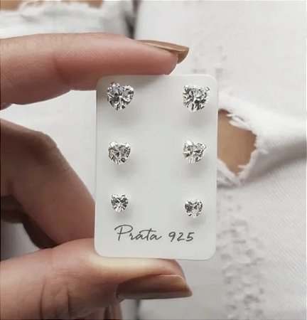 Brinco trio coração com zircônia prata 925