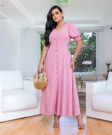 Vestido Longo Com Manga 3/4 e Botões 2364