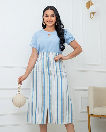 Conjunto Saia Midi Listrada e Blusa