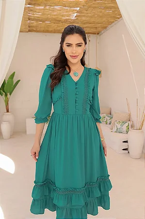 Vestido Midi Com Babado e Manga 3/4