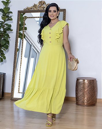 Vestido Longo Estampado Babado Nas Mangas